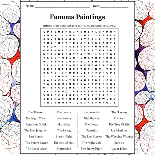 Famous Paintings Word Search Puzzle Worksheet Activity PDF