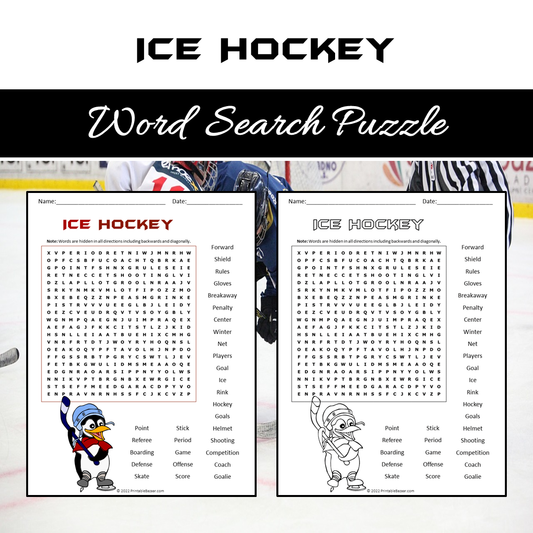 Ice Hockey Word Search Puzzle Worksheet PDF