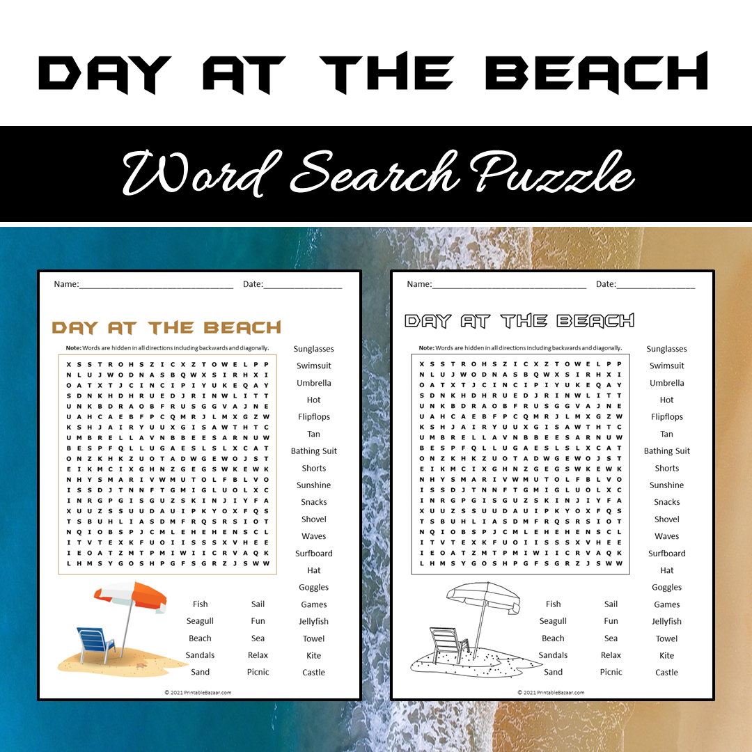 Day At The Beach Word Search Puzzle Worksheet PDF – PrintableBazaar