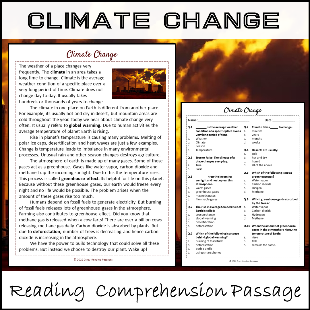 Climate Change Reading Comprehension Passage and Questions | Printable PDF