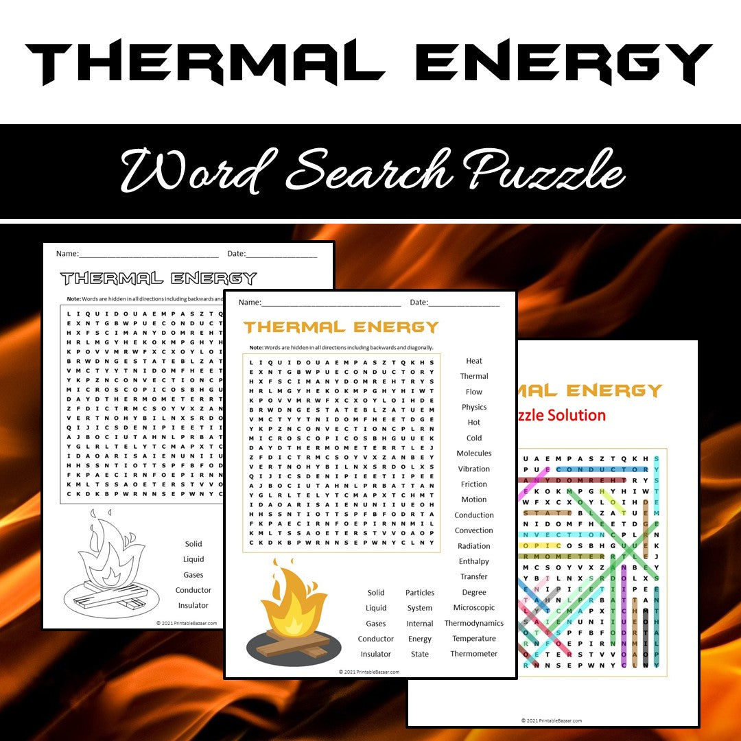 Thermal Energy Word Search Puzzle Worksheet PDF