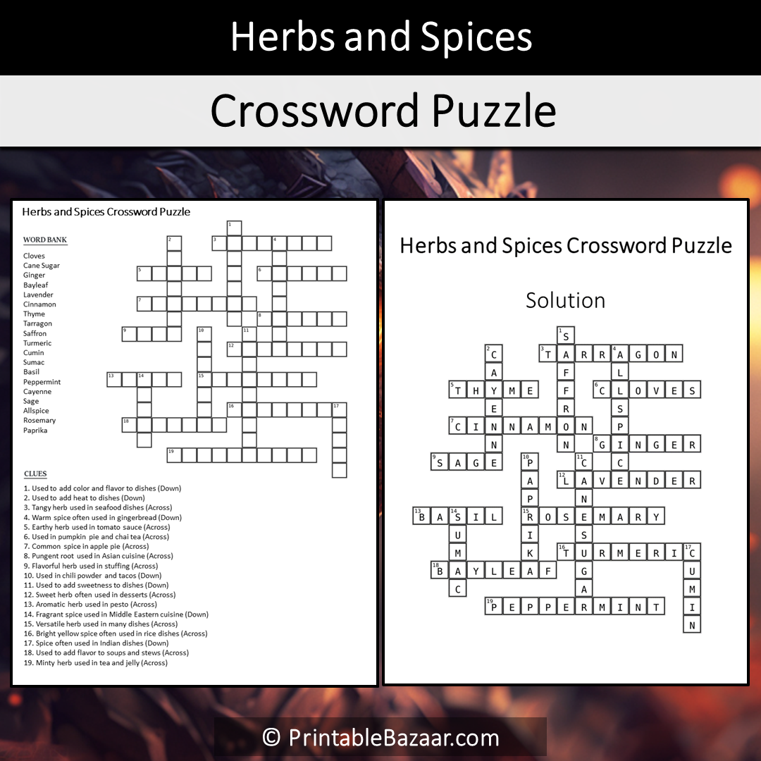 Herbs And Spices Crossword Puzzle Worksheet Activity Printable PDF