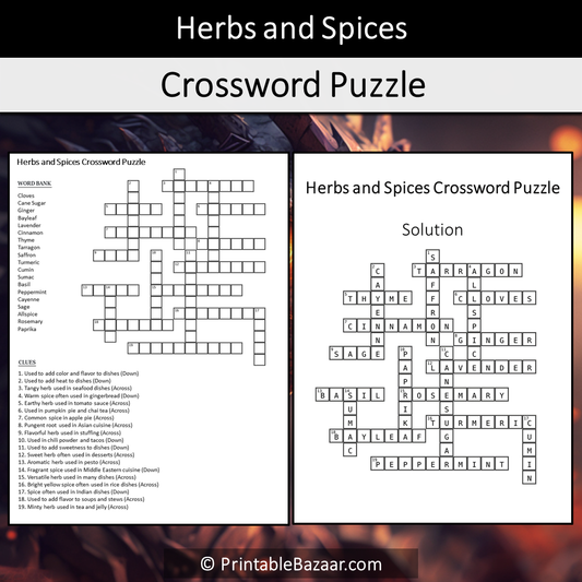 Herbs And Spices Crossword Puzzle Worksheet Activity Printable PDF