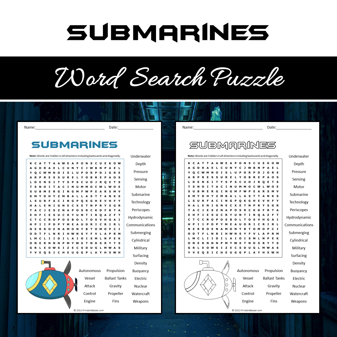 Submarines Word Search Puzzle Worksheet PDF