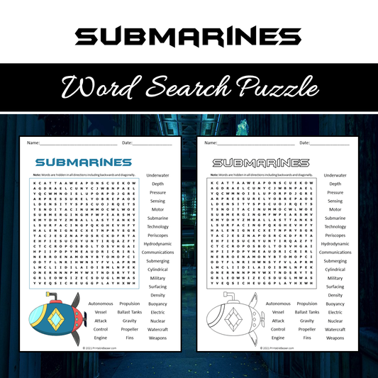 Submarines Word Search Puzzle Worksheet PDF