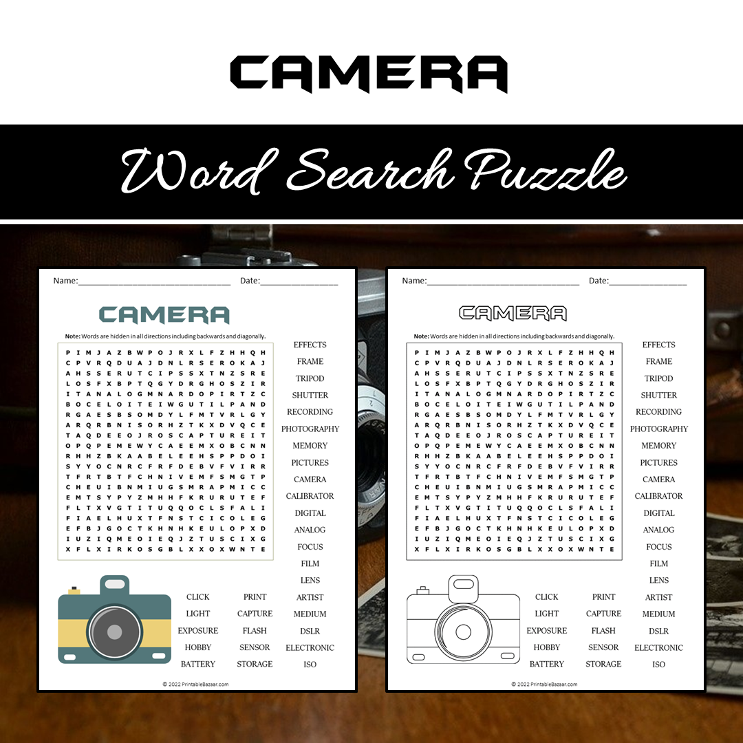 Camera Word Search Puzzle Worksheet PDF
