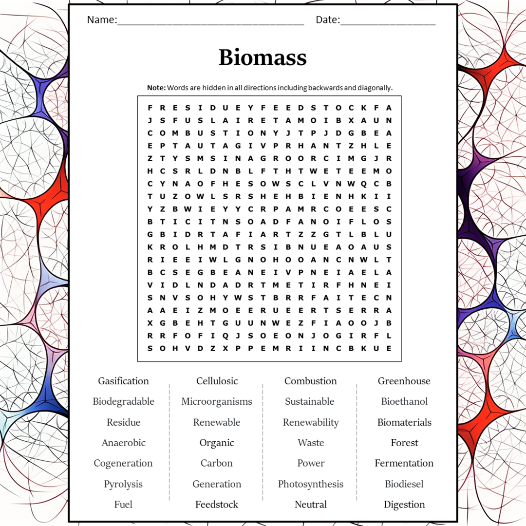 Biomass Word Search Puzzle Worksheet Activity PDF