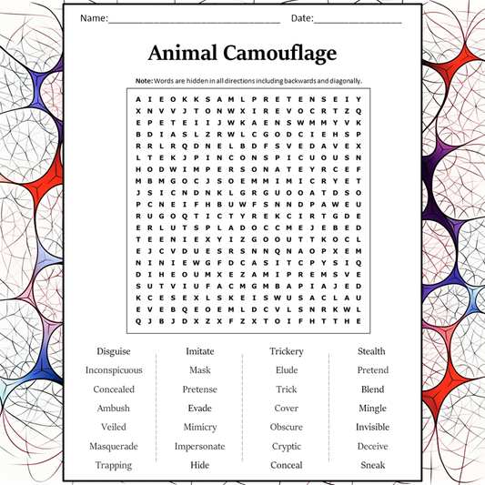 Animal Camouflage Word Search Puzzle Worksheet Activity PDF