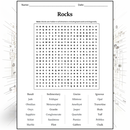 Rocks Word Search Puzzle Worksheet Activity PDF