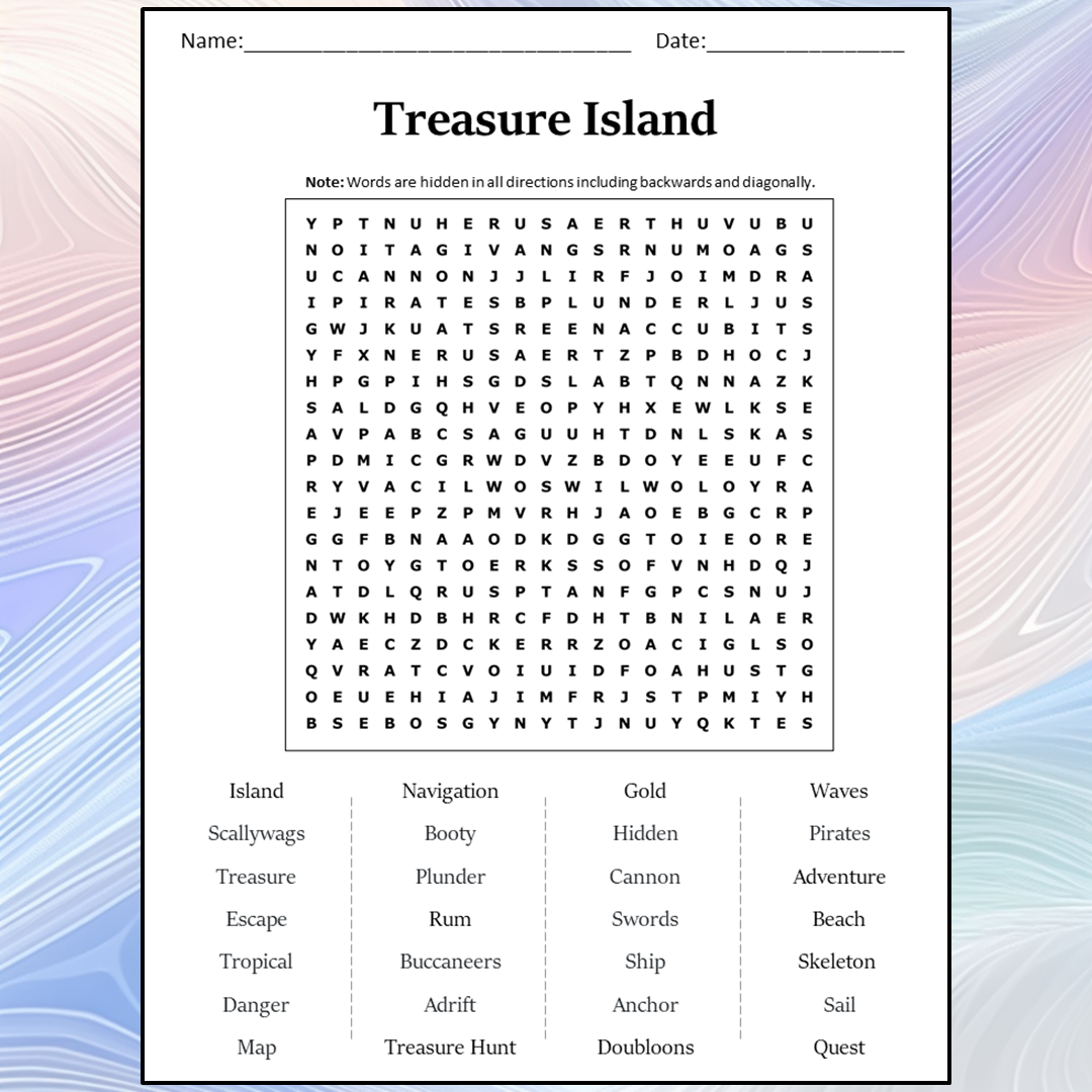 Treasure Island Word Search Puzzle Worksheet Activity PDF