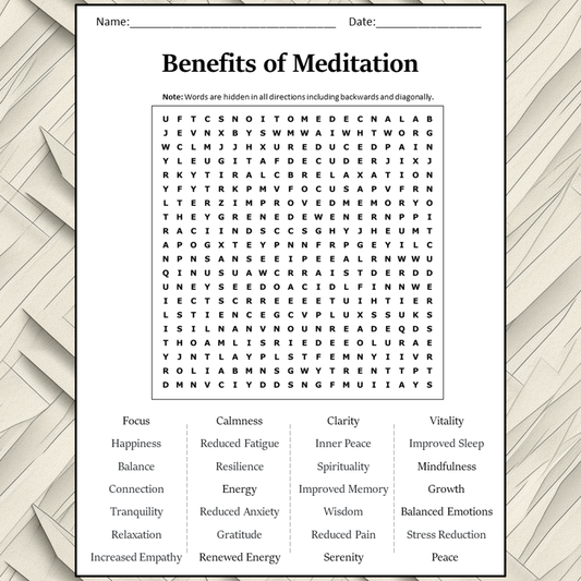 Benefits Of Meditation Word Search Puzzle Worksheet Activity PDF