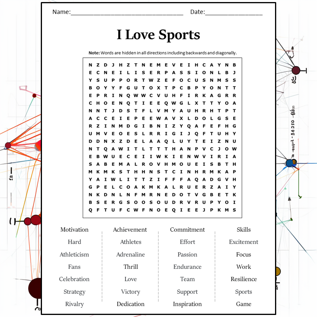 I Love Sports Word Search Puzzle Worksheet Activity PDF