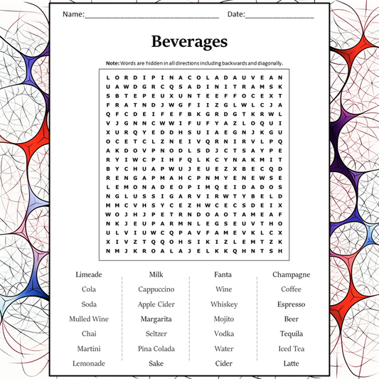 Beverages Word Search Puzzle Worksheet Activity PDF