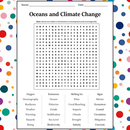 Oceans And Climate Change Word Search Puzzle Worksheet Activity PDF