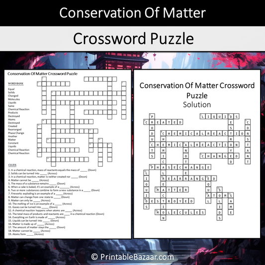 Conservation Of Matter Crossword Puzzle Worksheet Activity Printable PDF