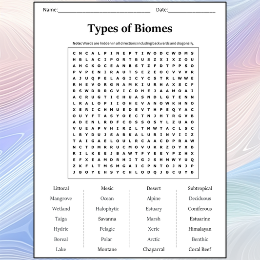 Types Of Biomes Word Search Puzzle Worksheet Activity PDF