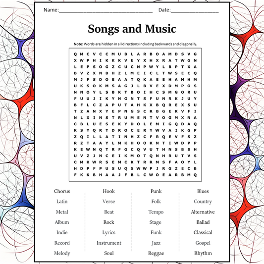 Songs And Music Word Search Puzzle Worksheet Activity PDF