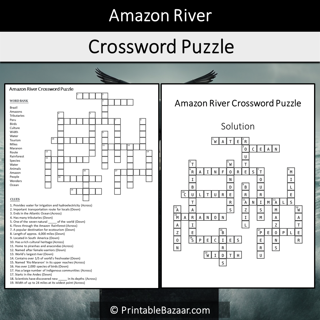 Amazon River Crossword Puzzle Worksheet Activity Printable PDF