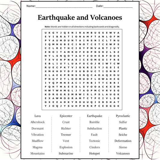 Earthquake And Volcanoes Word Search Puzzle Worksheet Activity PDF