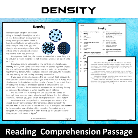 Density Reading Comprehension Passage and Questions | Printable PDF