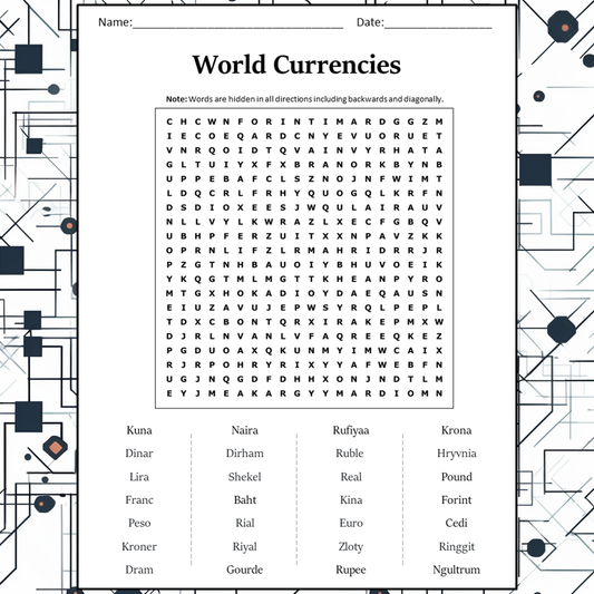 World Currencies Word Search Puzzle Worksheet Activity PDF