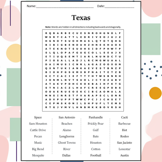 Texas Word Search Puzzle Worksheet Activity PDF