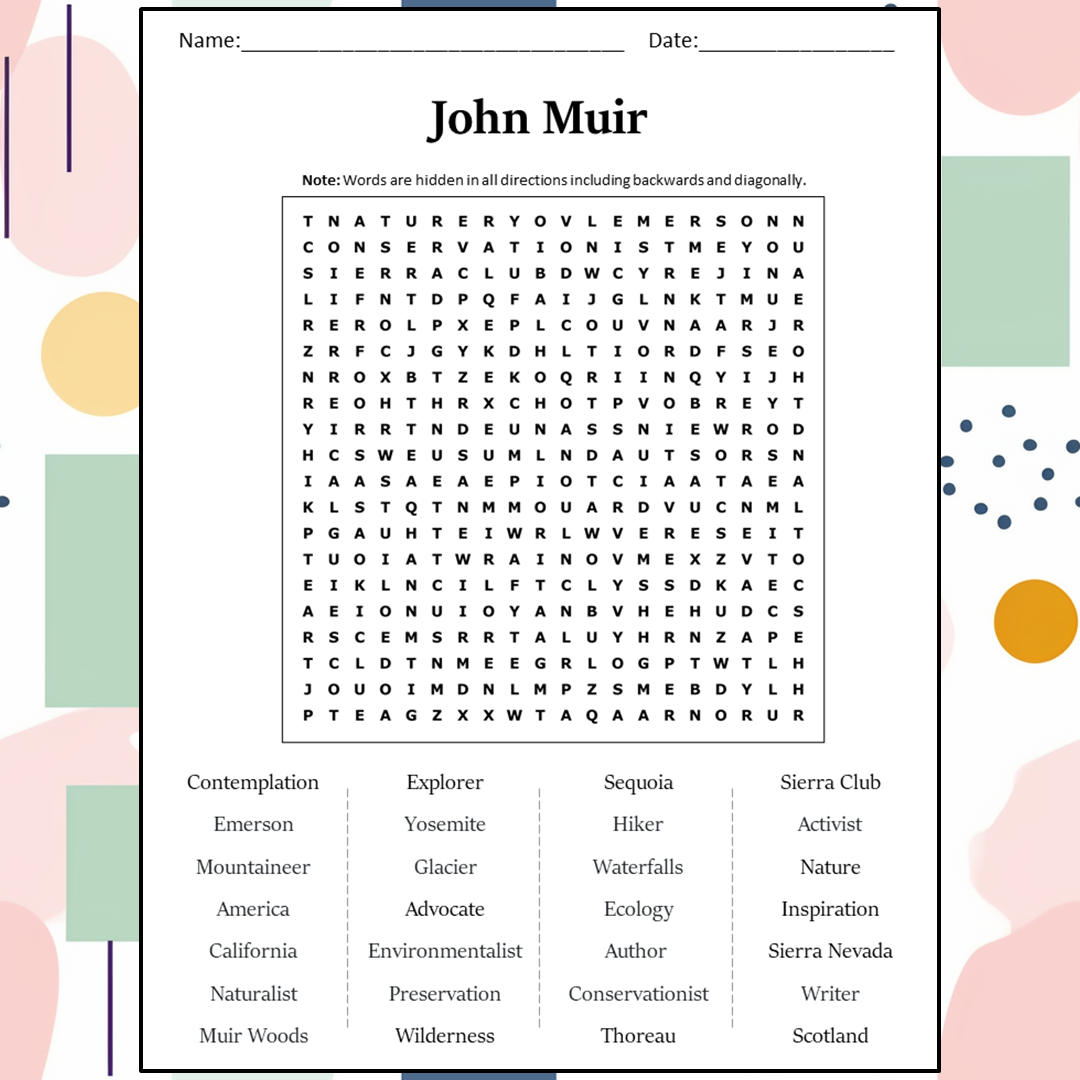 John Muir Word Search Puzzle Worksheet Activity PDF