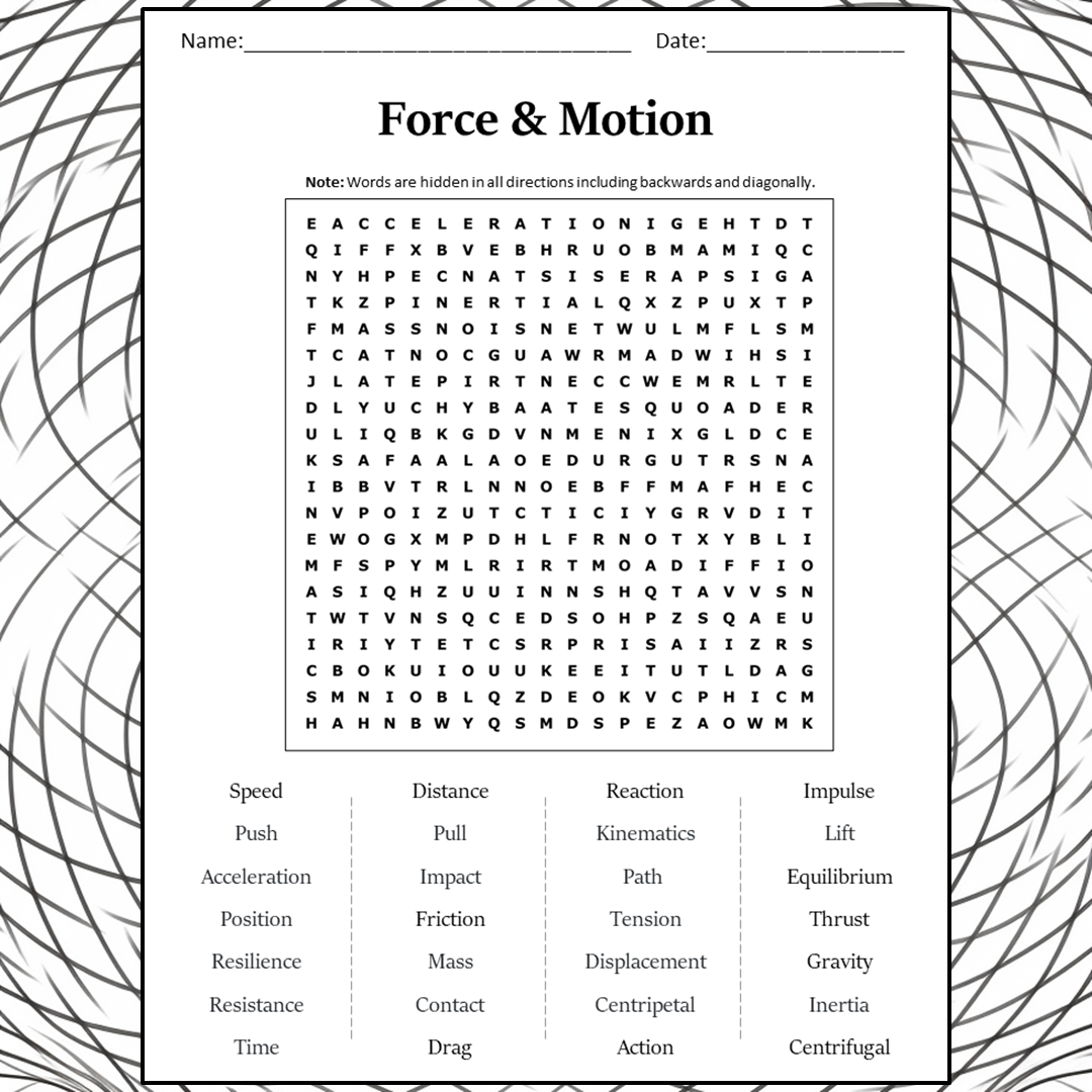 Force & Motion Word Search Puzzle Worksheet Activity PDF