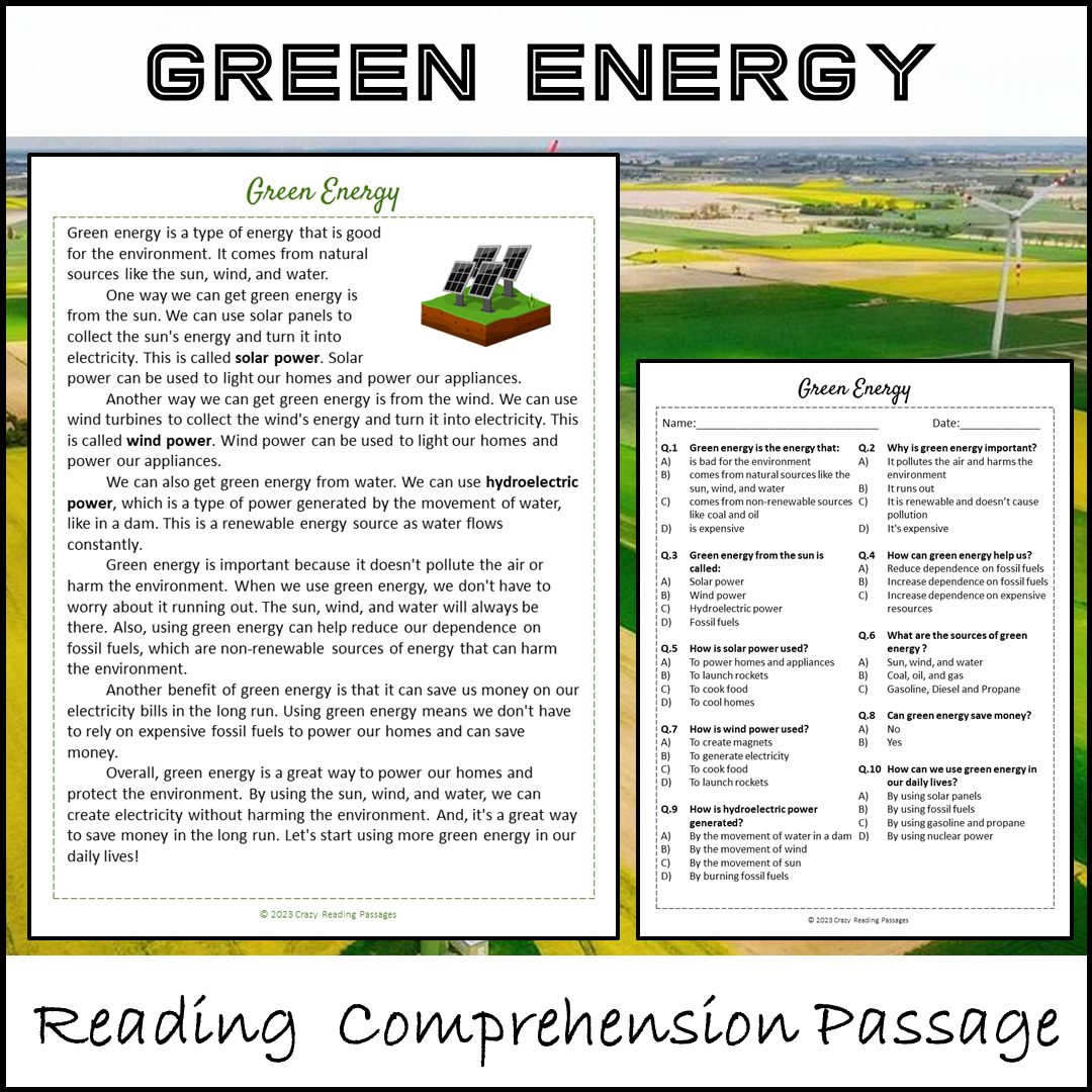 Green Energy Reading Comprehension Passage and Questions | Printable PDF