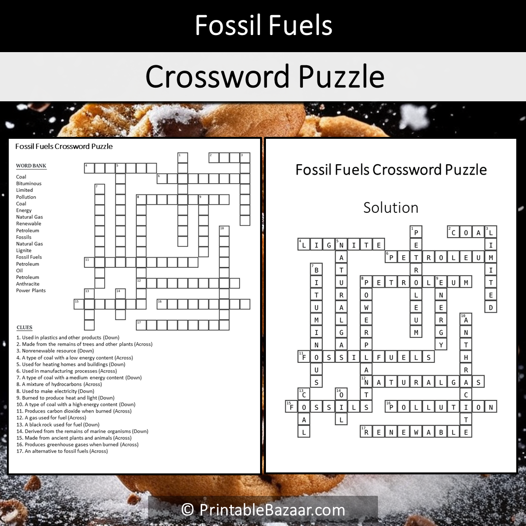 Fossil Fuels Crossword Puzzle Worksheet Activity Printable PDF