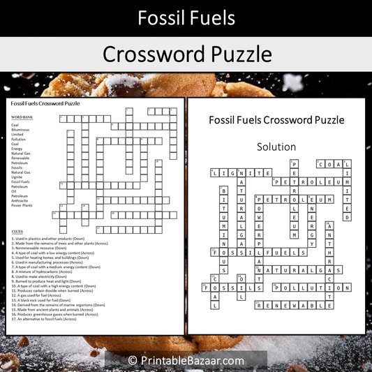 Fossil Fuels Crossword Puzzle Worksheet Activity Printable PDF