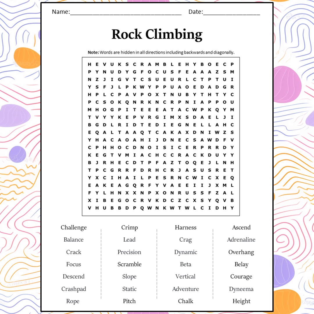 Rock Climbing Word Search Puzzle Worksheet Activity PDF