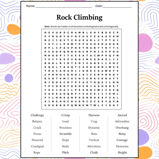 Rock Climbing Word Search Puzzle Worksheet Activity PDF