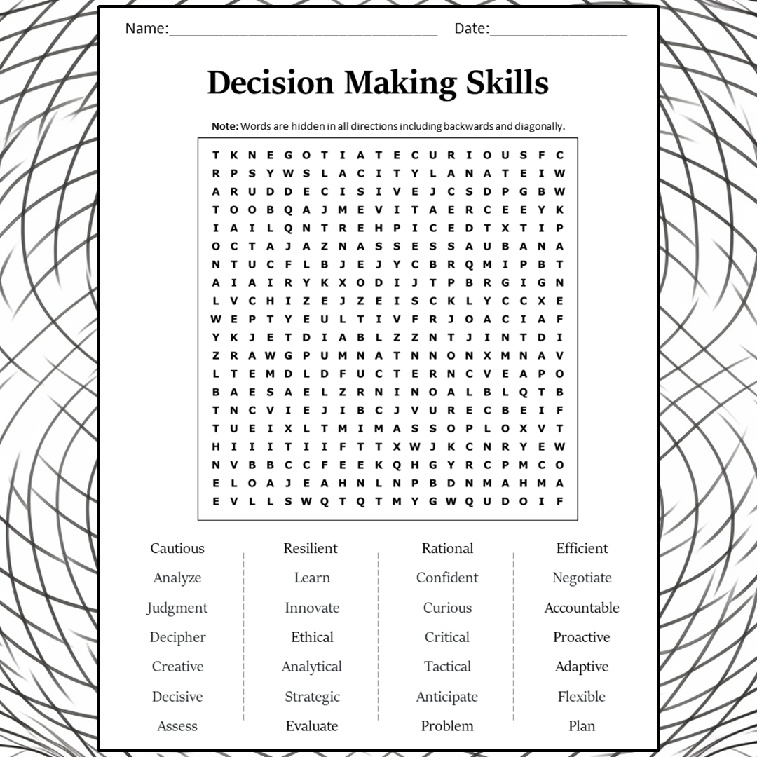 Decision Making Skills Word Search Puzzle Worksheet Activity PDF