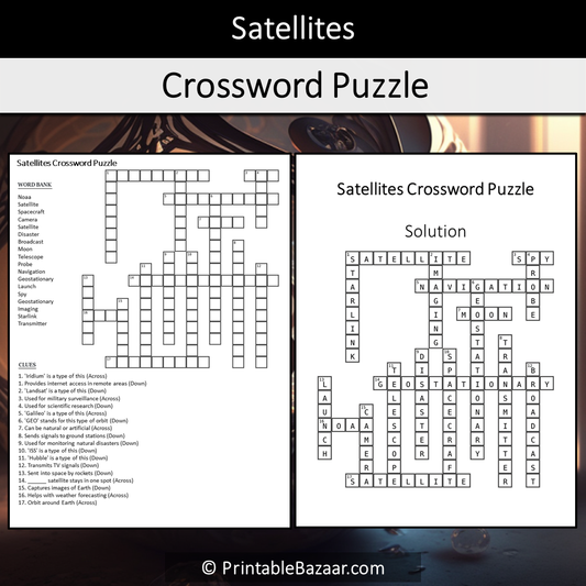 Satellites Crossword Puzzle Worksheet Activity Printable PDF