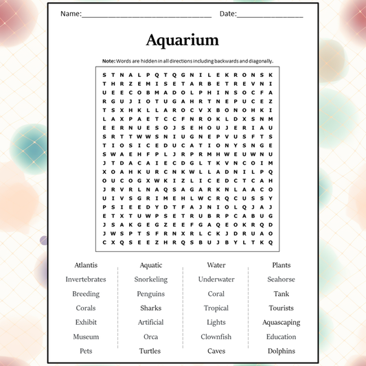 Aquarium Word Search Puzzle Worksheet Activity PDF