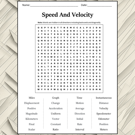 Speed And Velocity Word Search Puzzle Worksheet Activity PDF