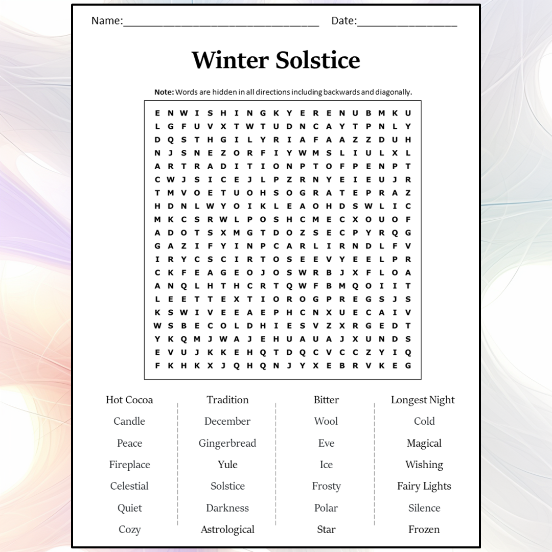 Winter Solstice Word Search Puzzle Worksheet Activity PDF