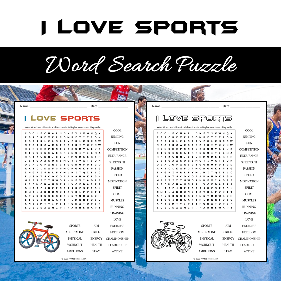 I Love Sports Word Search Puzzle Worksheet PDF