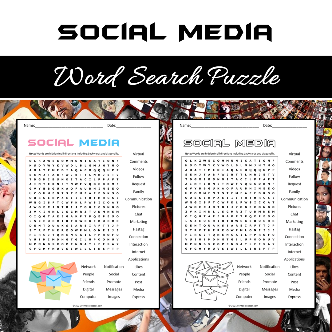 Social Media Word Search Puzzle Worksheet PDF