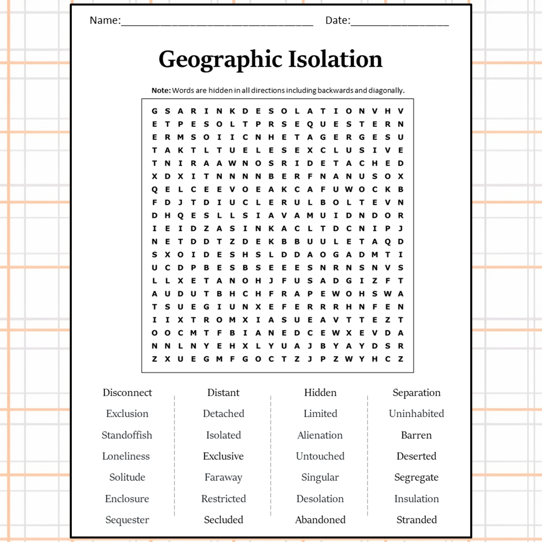 Geographic Isolation Word Search Puzzle Worksheet Activity PDF