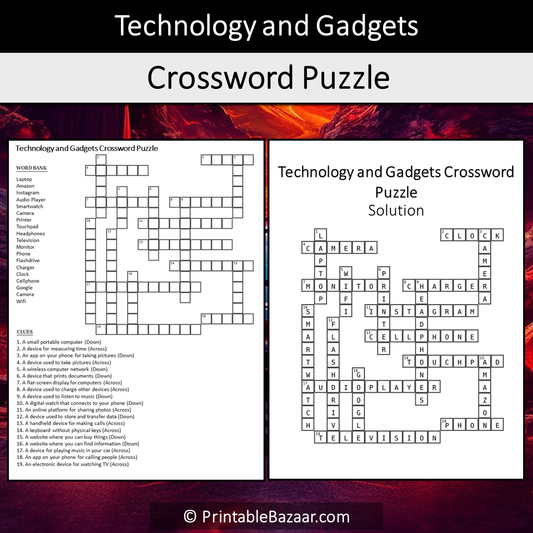 Technology And Gadgets Crossword Puzzle Worksheet Activity Printable PDF