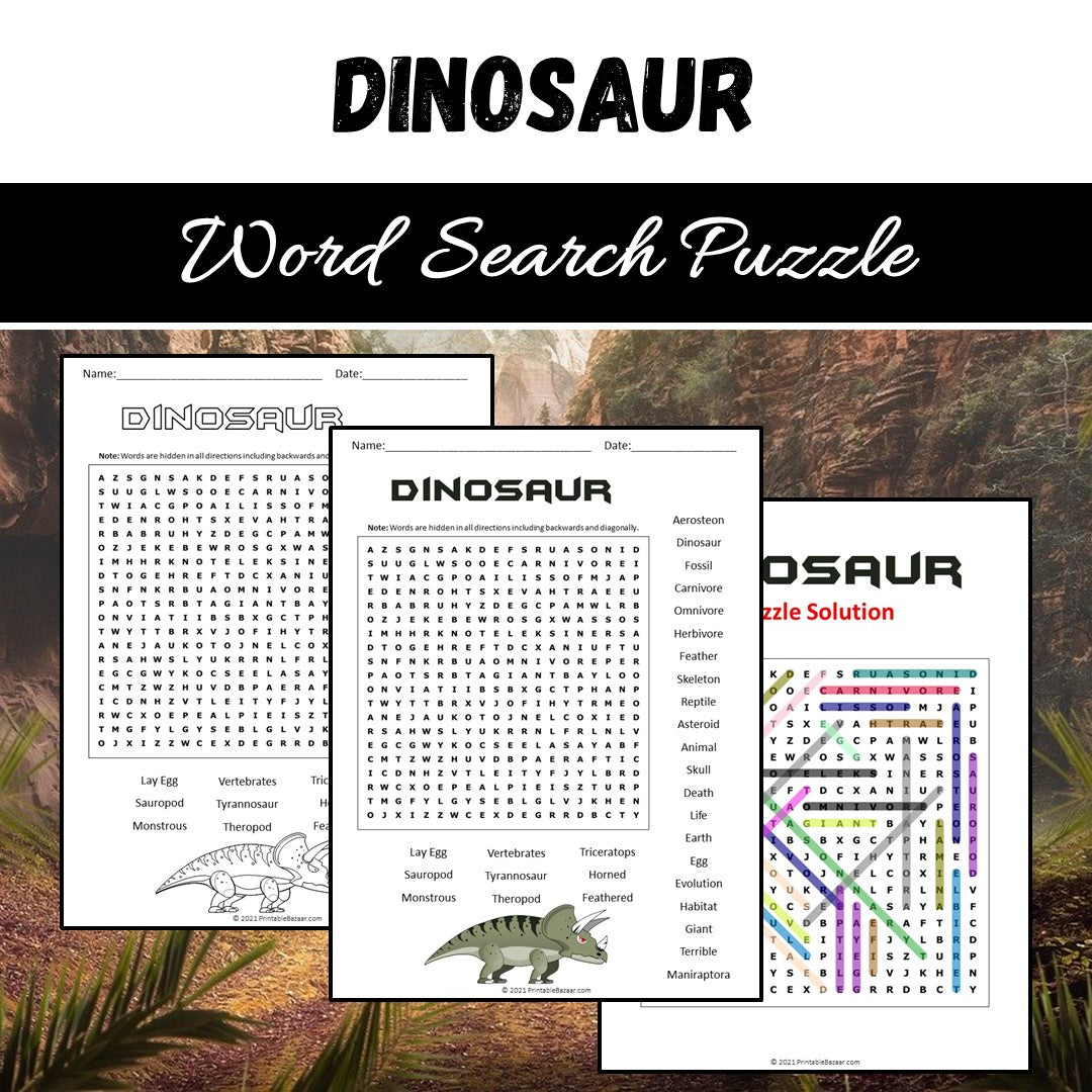Dinosaur Word Search Puzzle Worksheet PDF