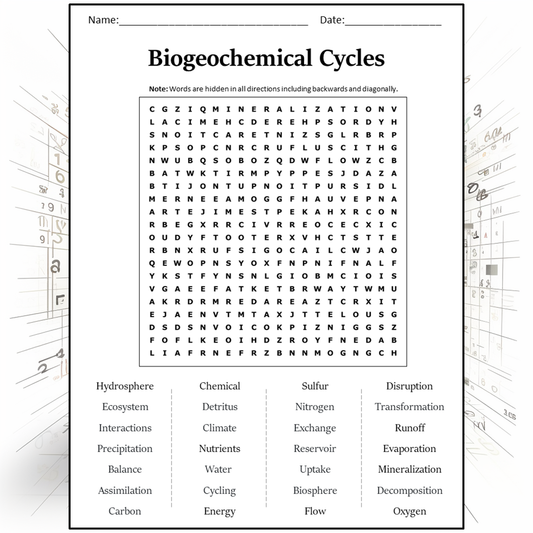 Biogeochemical Cycles Word Search Puzzle Worksheet Activity PDF