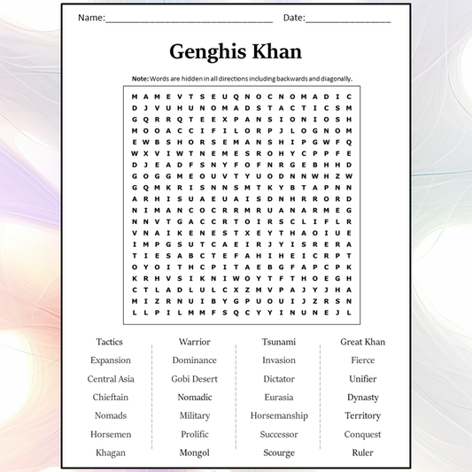 Genghis Khan Word Search Puzzle Worksheet Activity PDF