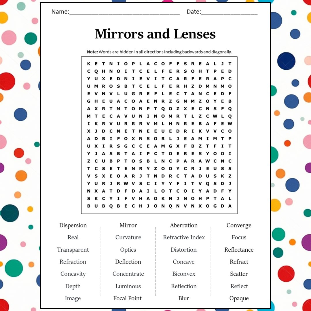 Mirrors And Lenses Word Search Puzzle Worksheet Activity PDF