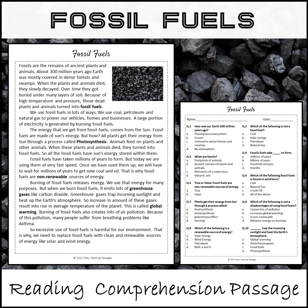 Fossil Fuels Reading Comprehension Passage and Questions | Printable PDF