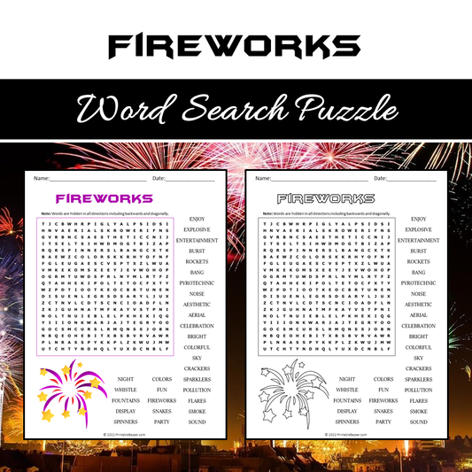 Fireworks Word Search Puzzle Worksheet PDF