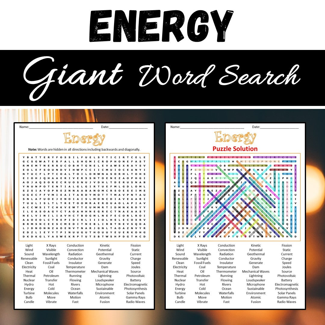 Energy Word Search Puzzle Worksheet PDF