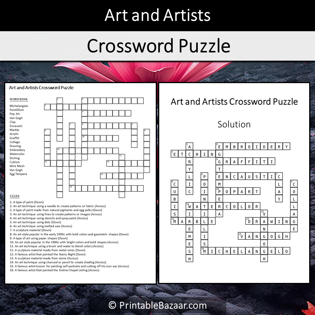 Art And Artists Crossword Puzzle Worksheet Activity Printable PDF